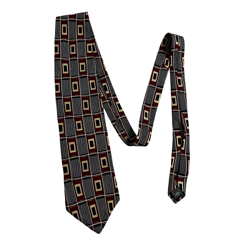 Zylos George Machado Silk Tie Mens Burgundy Black Gold Geometric Grid Pattern